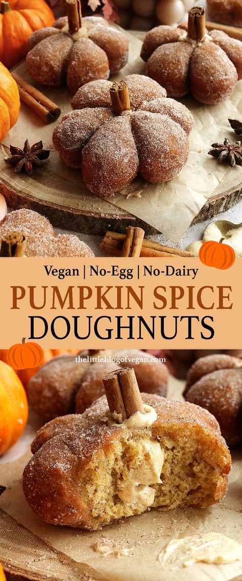 Pinterest pin of pumpkin doughnuts Autumn Vegan Desserts, Vegan Pumpkin Donuts Baked, Dairy Free Pumpkin Cupcakes, Vegan Halloween Treats Easy, Vegan Breakfast Snacks, Easy Fall Vegan Dinner, Healthy Fall Party Food, Fall Desserts Vegan, Healthy Vegan Baking