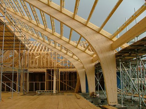 Retallack Resort and Spa - DJR Roof Trusses Ltd Structural Support Ideas, Timber Portal Frame, Curved Wood Architecture, Glulam Structure, Glulam Roof, Timber Roof Structure, Wood Roof Structure, Porch Extension, Truss Design