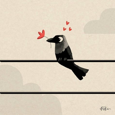 Crows Doodle, Illustrations Ideas, Crow Cute Drawing, Crow Illustration Cute, Illustration Art Cute, Bird Sketches, Cute Illustration Art, Crow Illustration, Canvas Art Painting Abstract