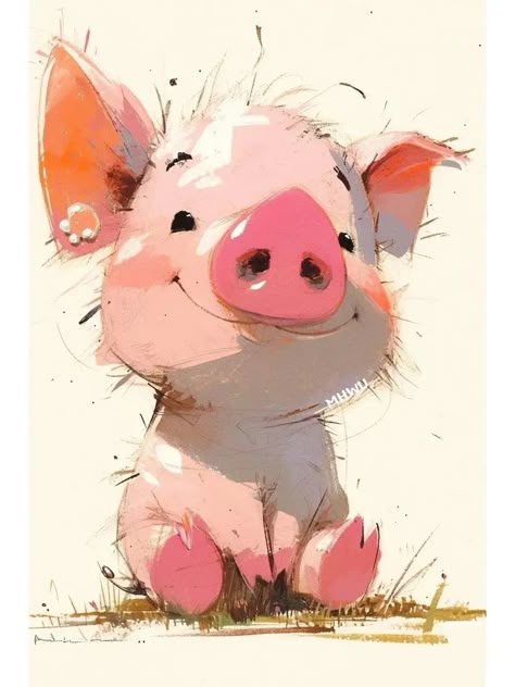 Cute Pig Drawing Easy, Cute Pig Painting, Pig Character Design, Cute Pig Illustration, Pig Paintings, Pig Watercolor, Pun Art, Pig Artwork, Nature And Human