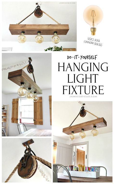 A DIY tutorial to make a rustic farmhouse style hanging light fixture using wood boards and prewired light kits, no electrical skills necessary! #farmhouselighting #farmhousestyle Diy Hanging Light Fixtures, Diy Hanging Light, Awesome Woodworking Ideas, Diy Light Fixtures, Woodworking Cabinets, Rustic Light Fixtures, Woodworking Joinery, Wood Boards, Woodworking Table