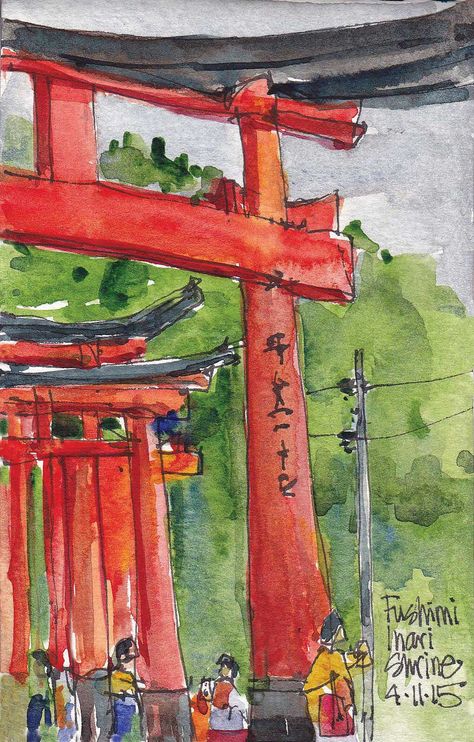 KYOTO April 2015 Asian Painting Ideas, Kyoto Drawing, Japan Watercolor Painting, Japan Sketchbook, Asia Drawing, Tokyo Watercolor, Japan Postcard, Asian Watercolor, Japan Watercolor