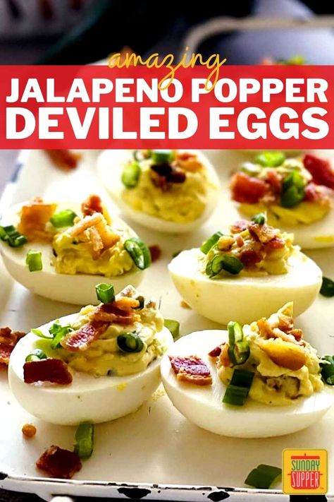 Deviled Eggs With Cream Cheese, Jalapeno Popper Deviled Eggs, Eggs With Cream Cheese, Bacon Deviled Eggs Recipe, Jalapeno Deviled Eggs, Spicy Deviled Eggs, Stuffed Jalapenos, Deviled Egg Recipe, Deviled Eggs Recipe Easy