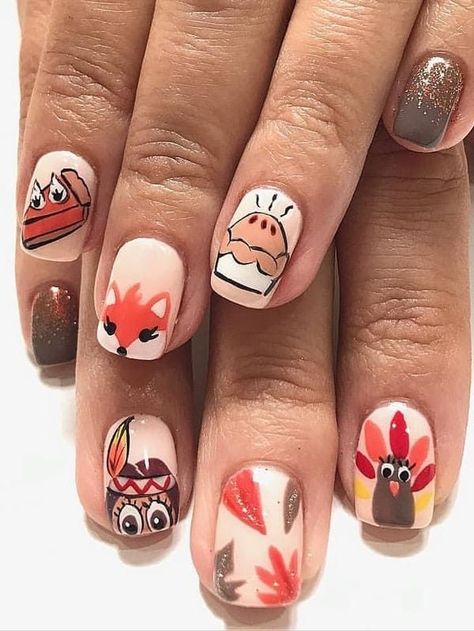 Thanksgiving nail art 🦃 Thank Giving Nails Design, Easy Thanksgiving Nail Art, Thanksgiving Nails 2023, Cute Thanksgiving Nail Designs, Turkey Nails Designs, Thanksgiving Turkey Nails, Thanksgiving Nail Designs Fall, Turkey Nail Art, Bff Nails