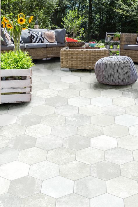 Outdoor and Indoor Hexagon Floor Tiles Outdoor Patio Flooring Ideas, Grey And Terracotta, Hexagon Floor Tiles, Outdoor Tiles Floor, Outdoor Tile Patio, Outside Tiles, Terrace Tiles, Hexagon Floor, Patio Pavers Design