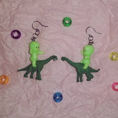 Weird Jewelry, Plastic Babies, Saint Peter, Baby Dino, Funky Earrings, Icarly, Funky Jewelry, Green Baby, Fun Earrings