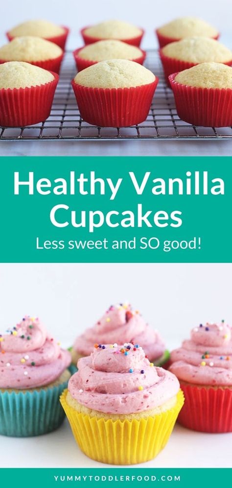 Healthy Vanilla Cupcakes, Strawberry Cream Cheese Frosting, Healthy Cupcakes, First Birthday Cupcakes, Toddler Lunches, Vanilla Cupcakes, Cup Cakes, Toddler Meals, Kids Lunch