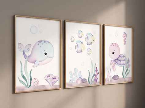 Ocean nursery decor, girl nursery, Nautical nursery print set, under the sea nursery, Under the sea wall art, pink nursery, girls room decor Under The Sea Nursery Girly, Mermaid Nursery Theme, Nursery Under The Sea, Under The Sea Nursery, Nursery Nautical, Ocean Nursery Decor, Sea Nursery, Ocean Nursery, Kid Bedroom