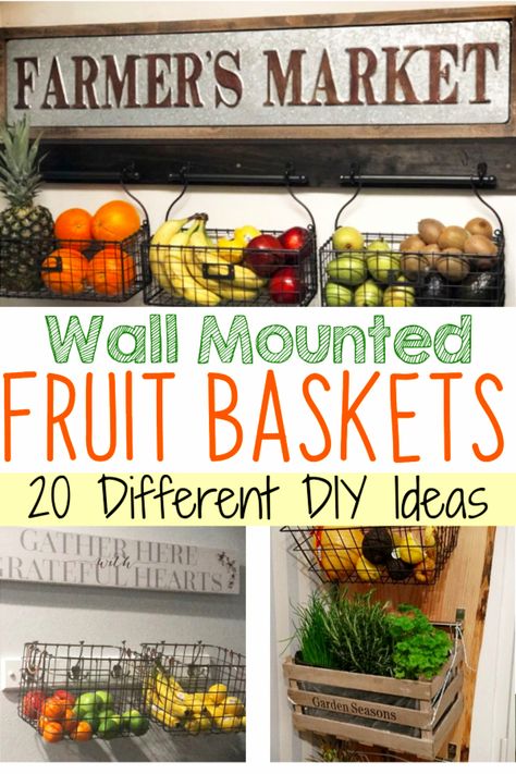 wall mounted fruit basket DIY ideas, PICTURES and tutorial to make a wall mounted fruit and vegetable basket for your kitchen wall Diy Vegetable Storage, Fruit Baskets Diy, Basket On Wall, Pictures For Kitchen Walls, Wall Storage Diy, Fruit Diy, Baskets Ideas, Wallpaper Minimal, Kitchen Wall Storage