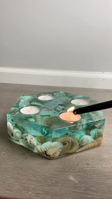 Resin Candle Holder Molds, Epoxy Candle, Epoxy Candle Holder, Resin Candle Holder Diy, Seashell Resin Art, Resin Candle Holder, Ocean Candle, Seashell Candle Holder, Essential Oil Holder