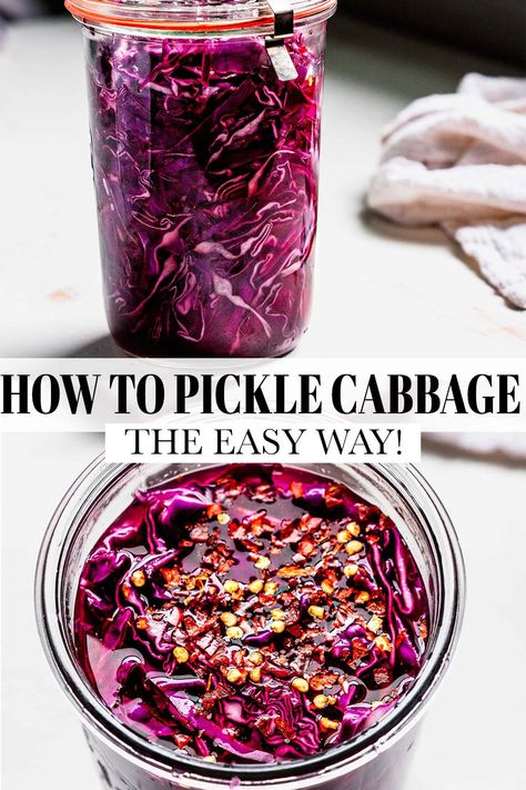 Easy Quick Pickled Cabbage (Red OR Green) Pickled Red Cabbage, Red Cabbage Recipes, Quick Pickled Cucumbers, Pickled Cabbage, Weeknight Recipes, Cabbage Recipe, Easy Veggie, Purple Cabbage, Pickled Veggies