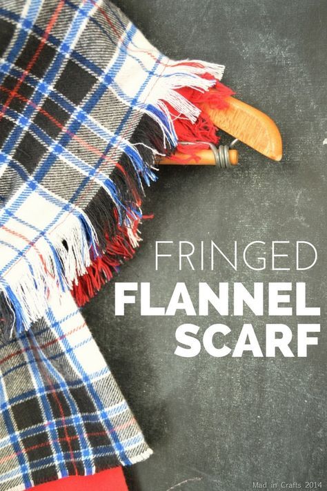 FRINGED FLANNEL SCARF TUTORIAL - MAD IN CRAFTS Couture, Ponchos, Flannel Scarf Diy, Bandana Projects, Diy Blanket Scarf, Scarf Sewing, Sewing Scarves, Neck Scarfs, Scarf Diy