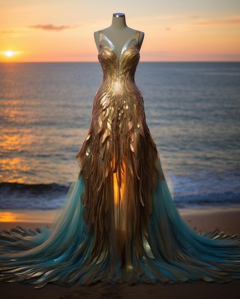 Which style would you want to wear to an ocean fairy wedding? Have you ever imagined attending an Ocean Fairies wedding? It's a magical… | Instagram Ocean Inspired Ball Gown, Siren Fashion Mermaid, Water Like Dress, Water Inspired Dress, Ocean Fairy, Seashell Dress, Water Dress, Sirens Fashion, Siren Dress