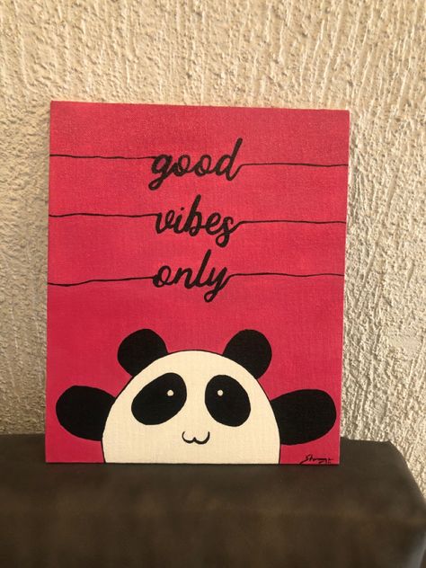 This bright painting is perfect to quirk up any space. The typography good vibes only, combined with a cute panda and a bright pink background is sure to stand out in any room. Panda Canvas Painting, Panda Canvas, Bright Pink Background, Black Background Painting, Home Flower Decor, Panda Painting, Latest Bridal Mehndi Designs, Easy Canvas, Bright Paintings