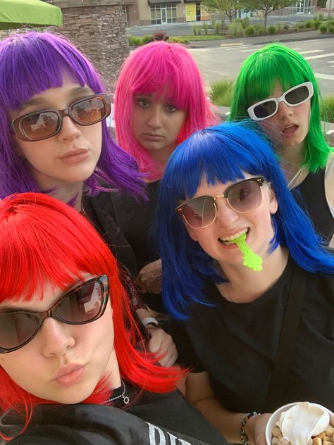 Friends With Colored Wigs, Party City Wigs, Bachelorette Party Themes Wigs, Fun Wigs Party, Colored Wigs Bachelorette Party, Colorful Wigs Bachelorette Party, Wig Party, Party City, Girly Girl