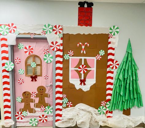 Gingerbread Christmas Classroom Door Decor, Gingerbread House School Door Decorations, Christmas Door Candyland, Gingerbread House Classroom Door Pink, Christmas Candy Land Door Decorations, Ginger Bread Door Decor, Door Decorations Classroom Christmas Fun, Pink Gingerbread House Classroom Door, Ginger Bread Man Door Decoration