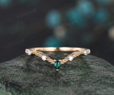 Vintage pear emerald diamond wedding band solid 14k yellow gold art deco leaf nature inspired stacking bridal anniversary ring women gift Matching Emerald Wedding Rings, Emerald And Gold Ring Vintage, Emerald Engagement Ring Wedding Band, Emerald Wedding Bands For Women, Emerald And Pearl Engagement Ring, Emerald Engagement Ring Stack, Emerald Engagement Ring Set, Emerald Wedding Band, Emerald Band