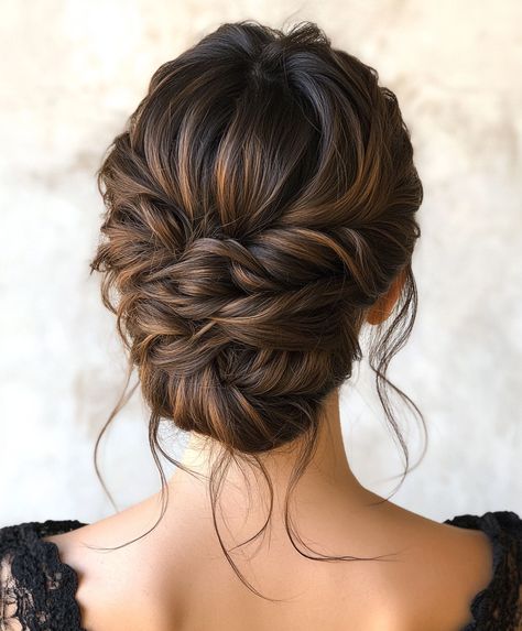 🌼 Glamorous Braids Updo Hairstyle: Sleek Bridesmaid Braid Updo Look Wedding Updo With Curtain Bangs, Bridal Hair Updo With Braid, Up Dos For Long Hair Bridesmaids, Messy Bridesmaid Hair Updo, Wedding Updo With Braid, Bridesmaid Braid, Curly Hair Updo Wedding, Volume Updo, Hairstyle Sleek