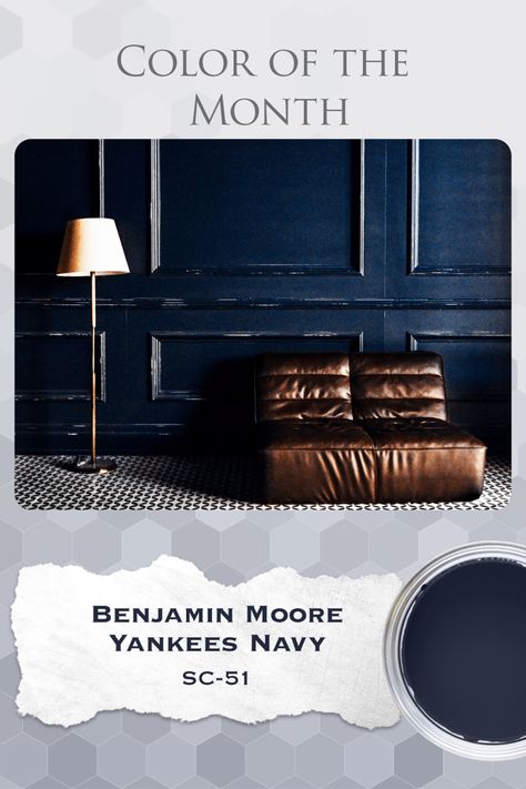 Benjamin Moore Yankees Navy is our color of the month! Discover everything you need to know about this beautiful navy blue paint color in our latest article. #paintcolorideas #paintcolortrends #benjaminmoore #yankees Navy Blue Benjamin Moore Paint, Benjamin Moore Navy Blue Paint Colors, Polo Blue Benjamin Moore, Navy Paint Color, Blue Paint Swatches, Paint 2024, Navy Paint Colors, Navy Blue Paint Colors, Office Update