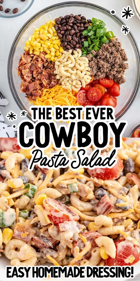 Loaded with plenty of tasty ingredients and covered in a creamy and flavorful dressing, this cowboy pasta salad is a filling meal on its own. Cowboy Pasta Salad, Cowboy Pasta, Salad Meal Prep, Summer Corn Salad, Lake Food Ideas, Pasta Salad Recipe, Boat Food, Easy Pasta Salad, Lake Food