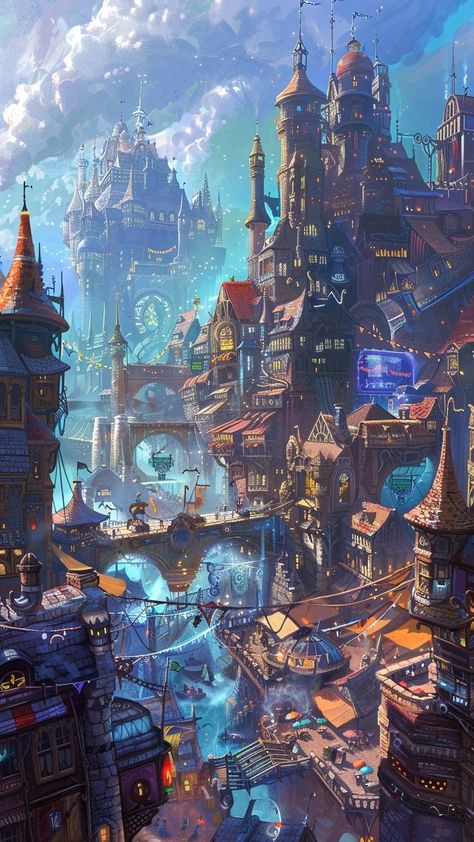 Fantasy Bridge City, Magepunk City, Fantasy Technology City, Fantasy Mountain City Concept Art, Machine World Concept Art, Steampunk Futuristic City, Fantasy Industrial City, Castle City Fantasy Art, High Fantasy City Concept Art