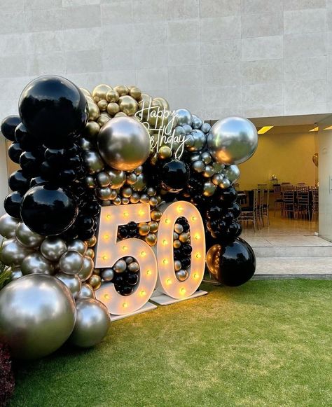 60 Themed Party Ideas For Men, Luxury 50th Birthday Party Ideas, Birthday 50 Men Decoration, Backdrop Ideas For 50th Birthday Party, Birthday Party 50th Men, 50yh Birthday Party Ideas, 60th Balloon Garland, Dads 65th Birthday Ideas, 50th Bday Decorations For Men