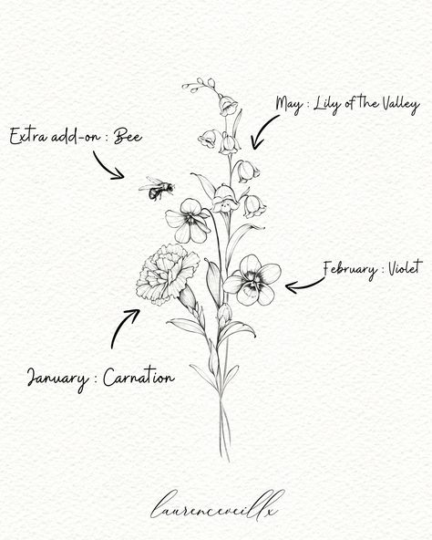 Custom birth month flowers tattoo design ♡💐 Get your family, your kids, your siblings or simply your own birth flower bouquet tattoo ♡ This is a beautiful way to symbolize your loved ones ♡ Choose the months and I will create a delicate flower bouquet in less than 48 hours! You can also choose some extra add-ons like a bee, a butterfly and more ♡ Click link in bio to access to my service on my Etsy shop, or click link in my story now ♡ #tattoodesign #birthflowertattoo #birthmonthflowers #fl... Birth Flower Simple Tattoo, Flower Tattoos For Siblings, Symbolic Family Tattoos Woman, Flower By Month Birthday, Birth Animals By Month Tattoo, Birth Flower Matching Tattoos, Birth Flower Chart Tattoo, Three Birth Flowers Tattoo, Delicate Family Tattoo