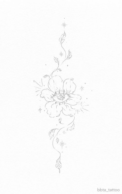 Flower And Stars Tattoo, Tattoo Flowers Back, Bug Flower Tattoo, Flowers And Stars Tattoos, Small Plant Tattoo Ideas, Star And Flower Tattoos, Plant Spine Tattoo, Tattoos Designs Drawings, Flower Star Tattoo