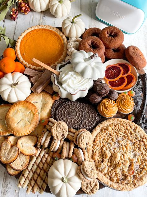 #ad Make a delicious and stunning Fall dessert charcuterie board that is perfect for Fall entertaining. I'm sharing all the details how to make this stunning masterpiece and how you can personalize the board with your Cricut machine. #CricutMade Round Board Charcuterie, Autumn Charcuterie Board Aesthetic, Fall Desert Board, Fall Dessert Platter, Fall Themed Dessert Charcuterie Board, Dessert Thanksgiving Charcuterie Board, Thanksgiving Desserts Charcuterie Board, Dessert Board Thanksgiving, Fall Dessert Board Platter