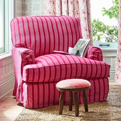 Winnie English Arm Slipcovered Armchair | Greenrow Slipcovered Armchair, Striped Armchair, Cosy Armchair, Home Goods Furniture, Comfy Armchair, Main Squeeze, Bedroom And Living Room, Pink Chair, Foot Stool