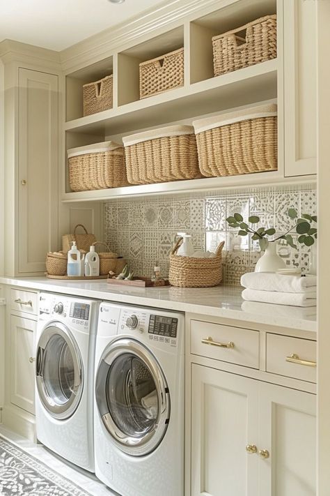 Laundry Room With Seating, Built In Laundry Room Cabinets, Multi Functional Laundry Room, Butlers Pantry Laundry Room Mud Room Combo, Laundry Room And Office Combo, Laundry Interior Design, Pretty Laundry Room, Chic Laundry Room, Utility Room Ideas