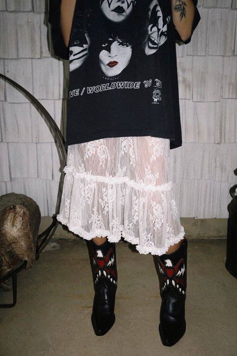 Lace Sheer Skirt, White Sheer Skirt Outfit, White Boots Styling, Lace Skirt Cowboy Boots, Cowboy Boots Outfit Grunge, How To Style A Lace Skirt, Sheer White Skirt Outfit, White Skirt Cowboy Boots Outfit, Sheer Lace Skirt