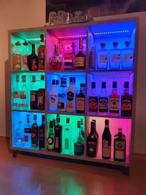 Led Light Design Ideas, Kallax Lighting, Led Lights Apartment, Cube Shelf Ideas, Led Living Room Ideas, Cube Shelf Decor, Game Night Aesthetic, Bar Shelf Ideas, Step Shelf