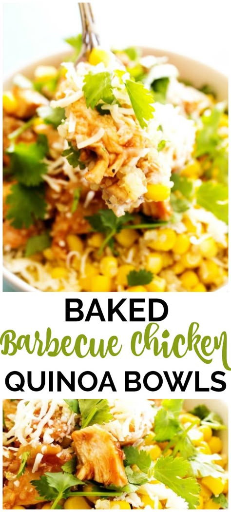 baked barbecue chicken quinoa bowls with corn and cilantro