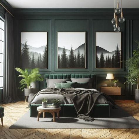 Forest Green And Navy Blue Bedroom, Dark Green Art Deco Bedroom, Deep Green Bedroom Walls, Dark Green Bedroom Inspirations, All Green Bedroom Walls And Ceiling, Forrest Green Color Scheme Bedroom, Dark Green Bedroom Paint, Dark Green Room Ideas, Dark Green Bedroom Walls