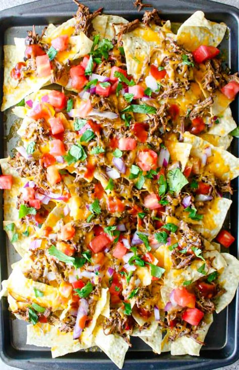 Crock Pot Beef Barbacoa Nachos Roast Beef Nachos, Barbacoa Nachos, Nachos Sheet Pan, Slow Cooker Beef Barbacoa, Beef Barbacoa Slow Cooker, Nachos Recipe Beef, Steak Nachos, Pan Nachos, Beef Barbacoa