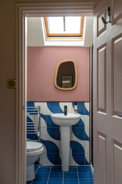 Pink & Blue Ensuite - Contemporary - Bathroom - Other - by KERV Interiors | Houzz UK Blue Monochrome Bathroom, Dark Blue And Pink Bathroom, Bathrooms With Blue Tile, Blue Pink Bathroom, Blue Floor Bathroom, Blue Painted Bathroom, Blue Ensuite, Small Bathroom Colours, Small Blue Bathroom Ideas