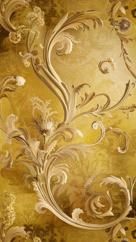 Immerse yourself in a luxurious and historically rich setting featuring a delicate, vintage-inspired wallpaper with intricate, swirling patterns reminiscent of ornate Victorian designs. This elegant wallpaper flaunts subtle floral motifs intertwined with elements of damask and baroque styles, adding depth and sophistication. The harmonious blend of soft, varying shades of yellow—from pale daffodil to rich gold—creates a warm, inviting ambiance. Embrace the timeless beauty and grandeur of this exquisite backdrop, perfect for any opulent environment steeped in history and charm. Victorian Gold Wallpaper, Opulent Wallpaper, Victorian Motifs, Gold Pattern Design, Surface Ornamentation, Royal Wallpaper, Vintage Opulence, King Midas, Inspired Wallpaper