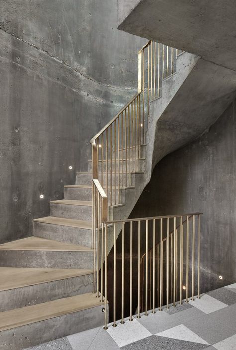 Exposed Concrete Interior, Bernardo Bader, Clad Home, Concrete Interiors, Architecture Magazine, Edwardian House, Concrete Home, Brick Exterior, Spiral Stairs