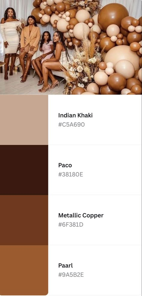 Party Color Palette Birthday, Shades Of Brown Brunch Outfit, Earth Tone Party Decor, Neutral 21st Birthday Decorations, Melanin Bridal Shower Ideas, Neutral Color Party Decorations, Dinner Color Schemes, Brown Brunch Decor, Earth Tone Dinner Party