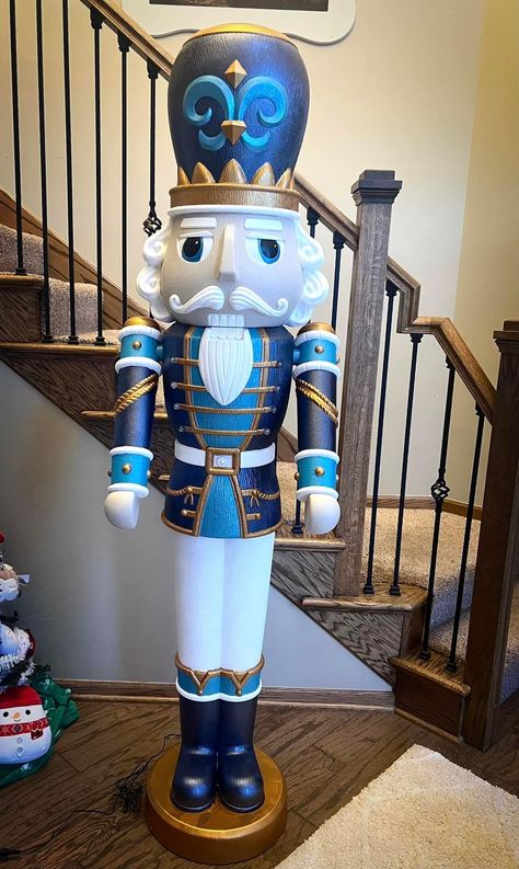 Blue And Silver Nutcracker, Nut Crackers Painted, Nut Cracker Painting Ideas, Blue And White Nutcracker, Nutcracker Diy Painting, Walmart Nutcrackers Painted, Painted Walmart Nutcracker, Nutcrackers Christmas Decoration, Walmart Nutcracker Painted