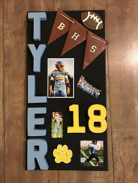 Senior Night Poster Board Ideas Football, Senior Gifts Football Players, Locker Decorations For Football, Varsity Football Locker Decorations, Senior Posters Football, Football Posters Senior Night, Homemade Football Posters, Senior Football Boards, Football Senior Posters