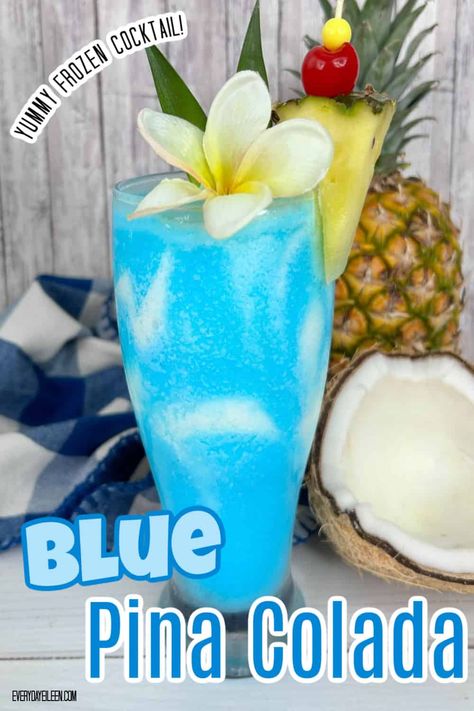 Frozen Blue Pina Colada is a refreshing cocktail made with Curacao liqueur. A delicious drink that is layered with a rum layer between the tasty blue liqueur. A great drink for cocktail parties, summer parties, luaus, and baby showers. Blue Pina Colada Punch, Blue Punch Recipe Non Alcoholic, Blue Alcoholic Drinks For A Party, Blue Pina Colada, Blue Alcoholic Drinks, Pina Colada Punch, Summer Punch Recipes, Hawaiian Drinks, Summer Punch