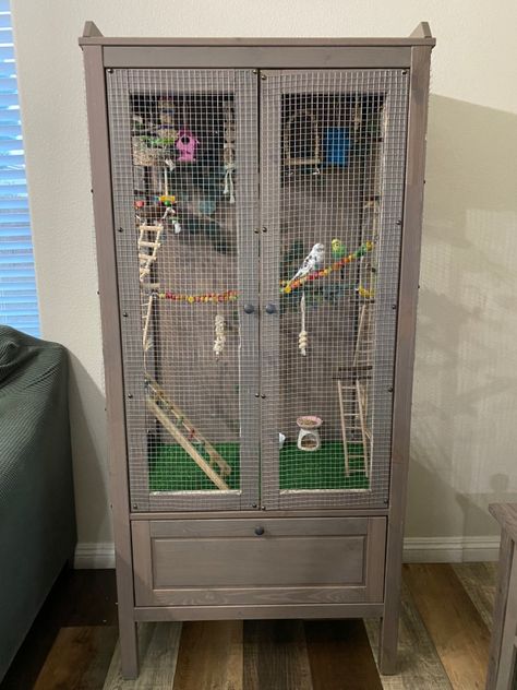 DIY a cabinet into a home for parakeets #birds #parakeet #diy #birdhouseideas #budgies Parakeet Enclosure, Diy Budgie Cage, Parakeet Aviary, Diy Bird Aviary, Parakeet Cage Ideas Diy, Diy Parakeet Cage, Budgie Cage, Parrot Training, Conure Bird