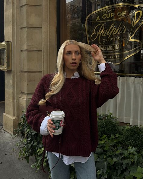 Category is: burgundy 🥀🍂☕️ Outfit linked on LTK 🫶🏻 . . . . . #falloutfit #fallstyle #burgundyoutfit #cozystyle #fallfashion #fallfashiontrends #cphstyle #scandistyle sweater style, burgundy outfit, sweater outfit, Scandinavian inspired, scandi style Burgundy Sweater Outfit, Sweater Outfit Ideas, Burgundy Outfit, White Collared Shirt, Sweater Outfit, Sweater Layering, Sweater Style, Burgundy Sweater, Scandinavian Inspired