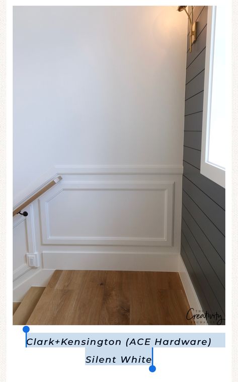 Clark+Kensington (ACE Hardware) Silent White Modern Farmhouse Molding, Millhaven Homes, Painted Wainscoting, Wainscoting Bedroom, Brick Accent Walls, Dining Room Wainscoting, Wainscoting Styles, Shiplap Accent Wall, Diy Wainscoting