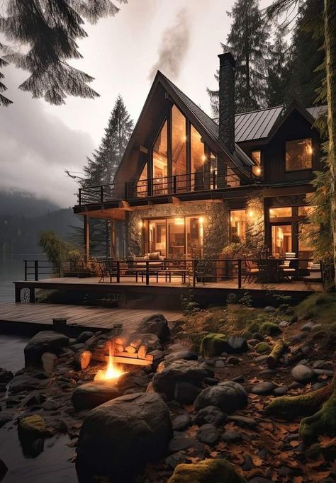 Cabin Dream Home, House In The Mountains Aesthetic, Mountain Cabin Exterior, Houses In The Woods, Cottages In The Woods, Canadian Homes, Cabin On Lake, Dream House In The Woods, House In The Mountains