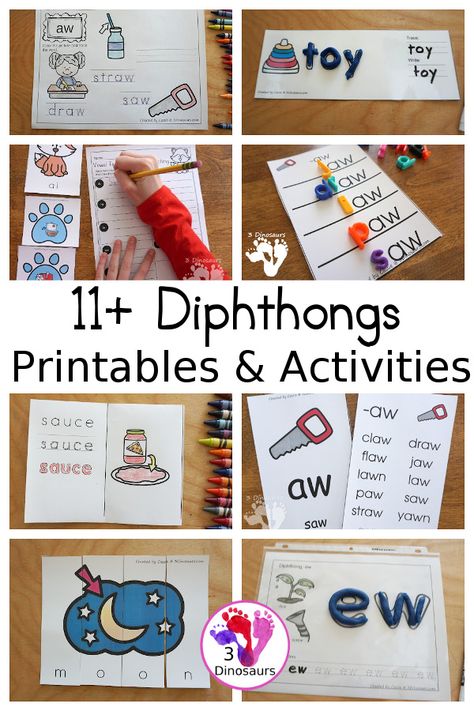 11+ Diphthong Printables & Activities - with diphthong wall cards, diphthong ladders, hands-on pirntables and more to work on diphthongs - 3Dinosaurs.com #diphthongs #diphthongprintable #3dinosaurs #secondgrade #thirdgrade #learningtoread Diphthongs Anchor Chart, Dipthongs Anchor Chart Teaching, Dipthongs Activities Free, Dipthong Activities, Diphthongs Activities, Diphthongs Ou Ow Worksheets, Diphthongs Oi And Oy Worksheet, Dinosaurs, Vowel Team Words