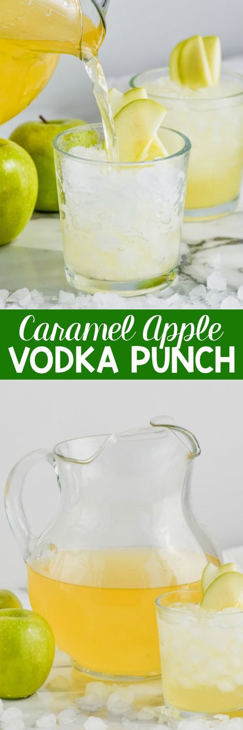 This Caramel Apple Vodka Punch only has THREE ingredients! It's so easy and the perfect party drink! Alcohol Punch, Fall Punch Recipes, Punch Drink, Vodka Punch, Apple Vodka, Alcoholic Punch Recipes, Caramel Vodka, Apple Drinks, Alcoholic Punch