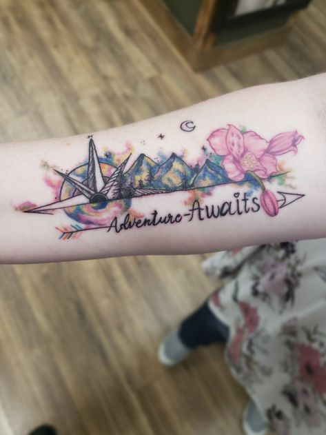 Tattoo uploaded by Cortnee Bradley • Watercolor adventure #watercolortattoo #whimsical #illustration #adventure #mountains #compass #arrows #pinterestwetdream • 825232 • Tattoodo Best Friend Adventure Tattoos, Adventure Tattoos Women, Adventure Awaits Tattoo, Compass Mountains Tattoo, Mountain And Compass Tattoo Design, Compass Tattoo With Mountains And Ocean, Mountain And Sea Tattoo, Watercolor Arrow Tattoos For Women, Wilderness Compass Tattoo